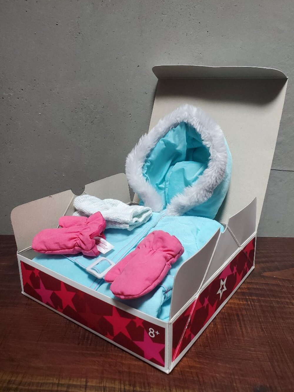 RETIRED American Girl Doll Aqua Ski Snowsuit Outfit Pink Mittens Socks Box VGUC